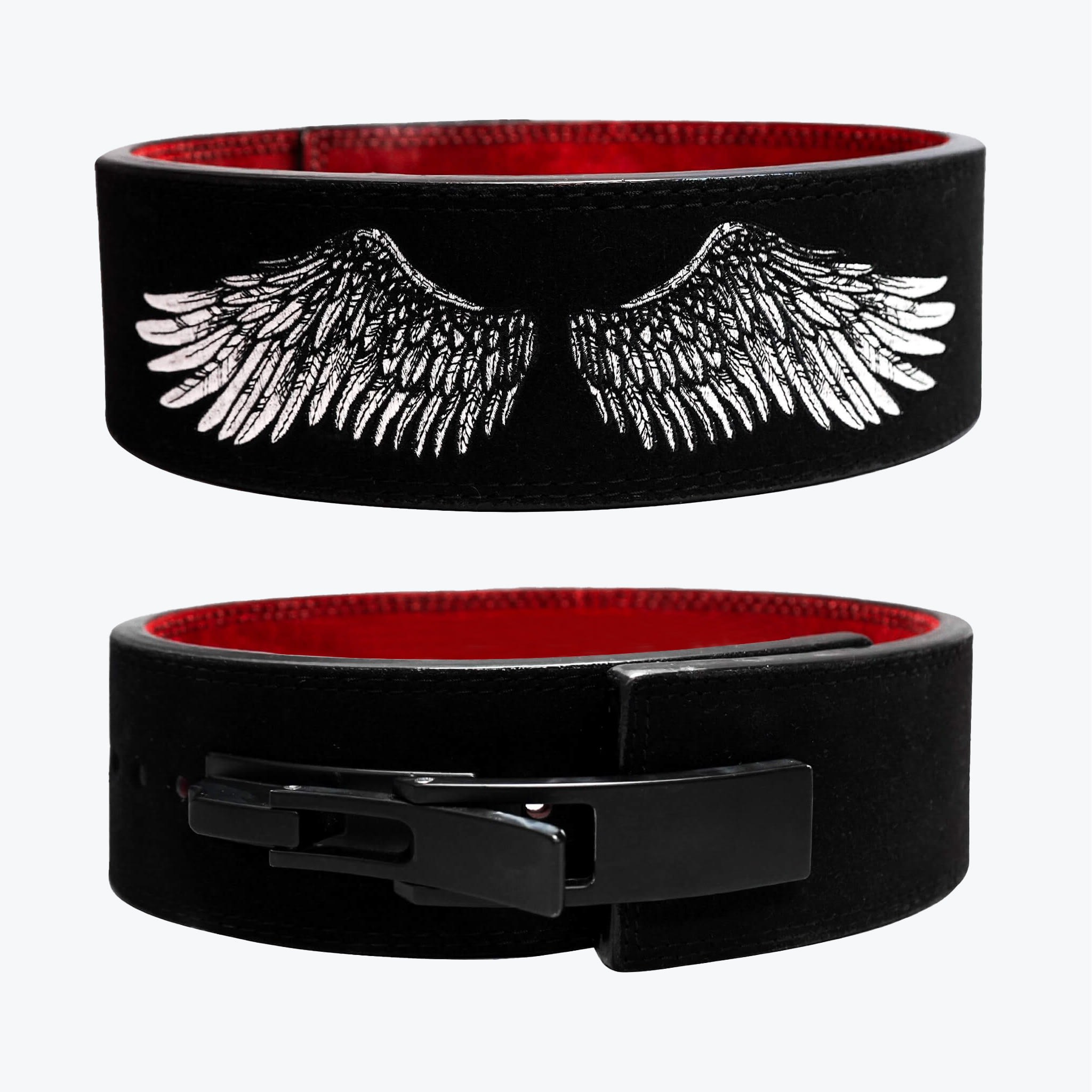 Angel Wings Powerlifting Lever Belt Two views of a black and red weightlifting lever belt, showcasing a white angel wings design on the back and a black lever buckle on the front.
