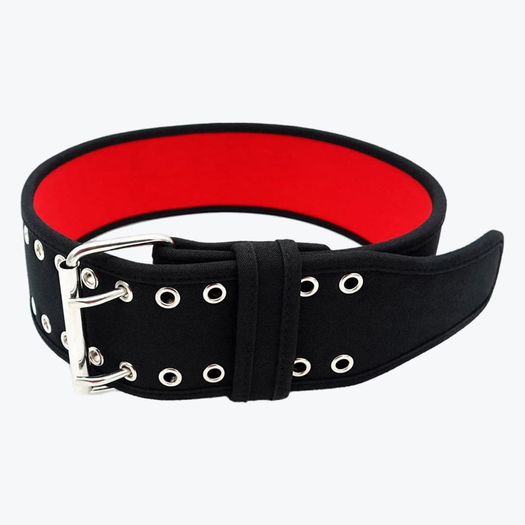 Black and Red Double-Prong Weightlifting Belt A black weightlifting belt with a bright red interior lining and a silver double-prong buckle, isolated on a white background.