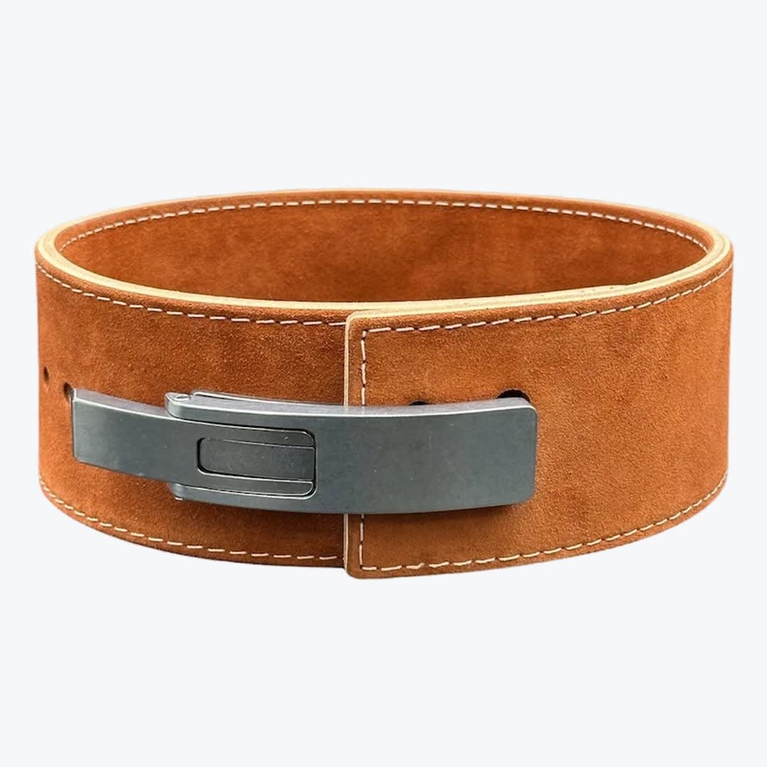 Brown Suede Lever Powerlifting Belt A brown suede powerlifting belt with a matte grey lever buckle closure, shown against a white background.