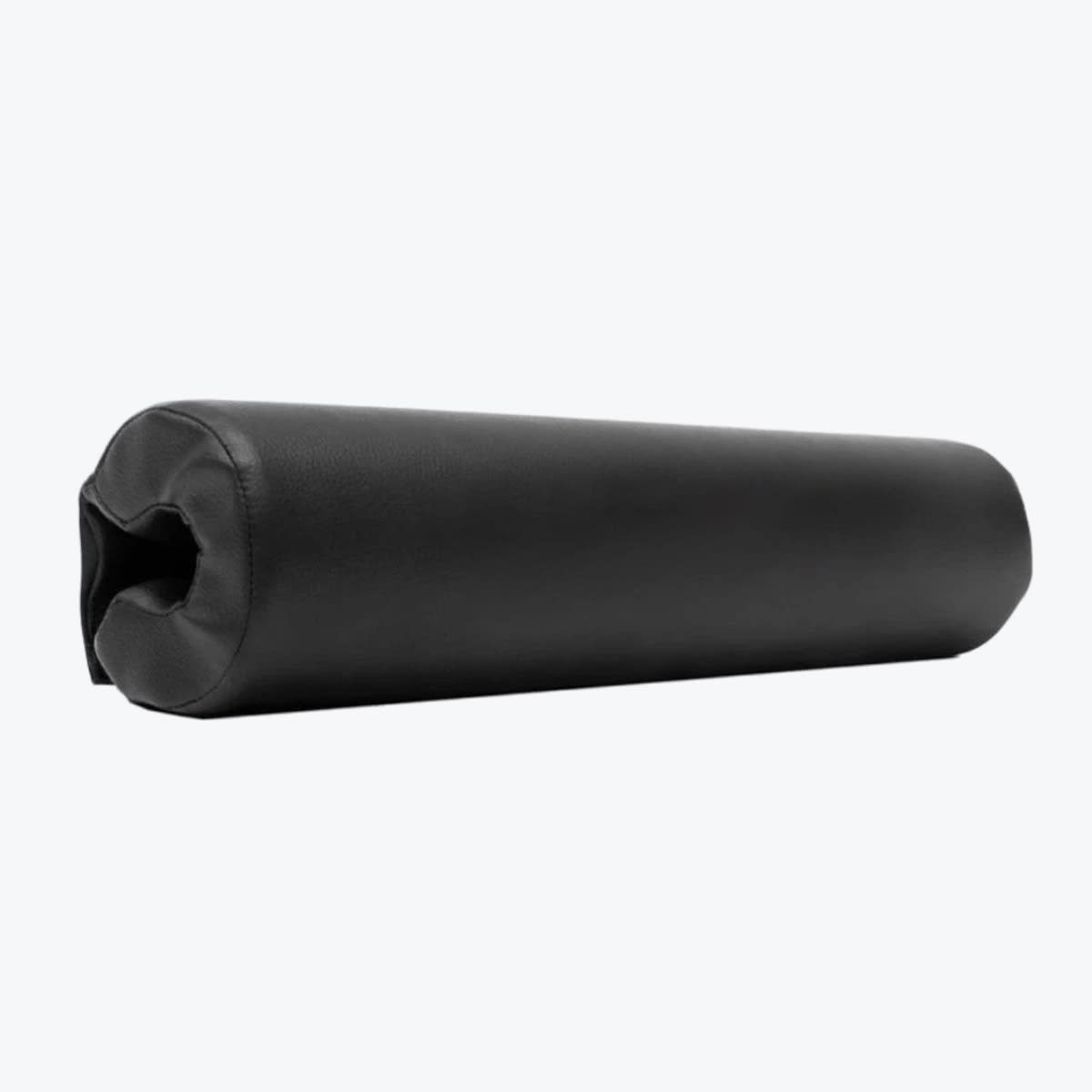 Black Vinyl Barbell and Roller Pad A black cylindrical foam pad with a synthetic leather cover, positioned horizontally against a plain white background.