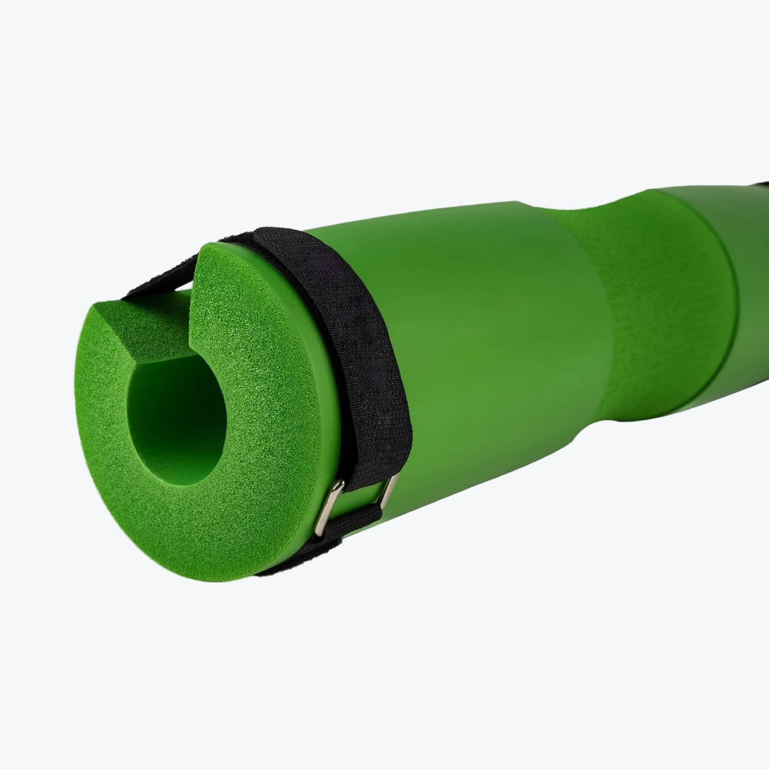 Green Barbell Squat Pad with Strap A green foam barbell squat pad with a black velcro strap on a white background.