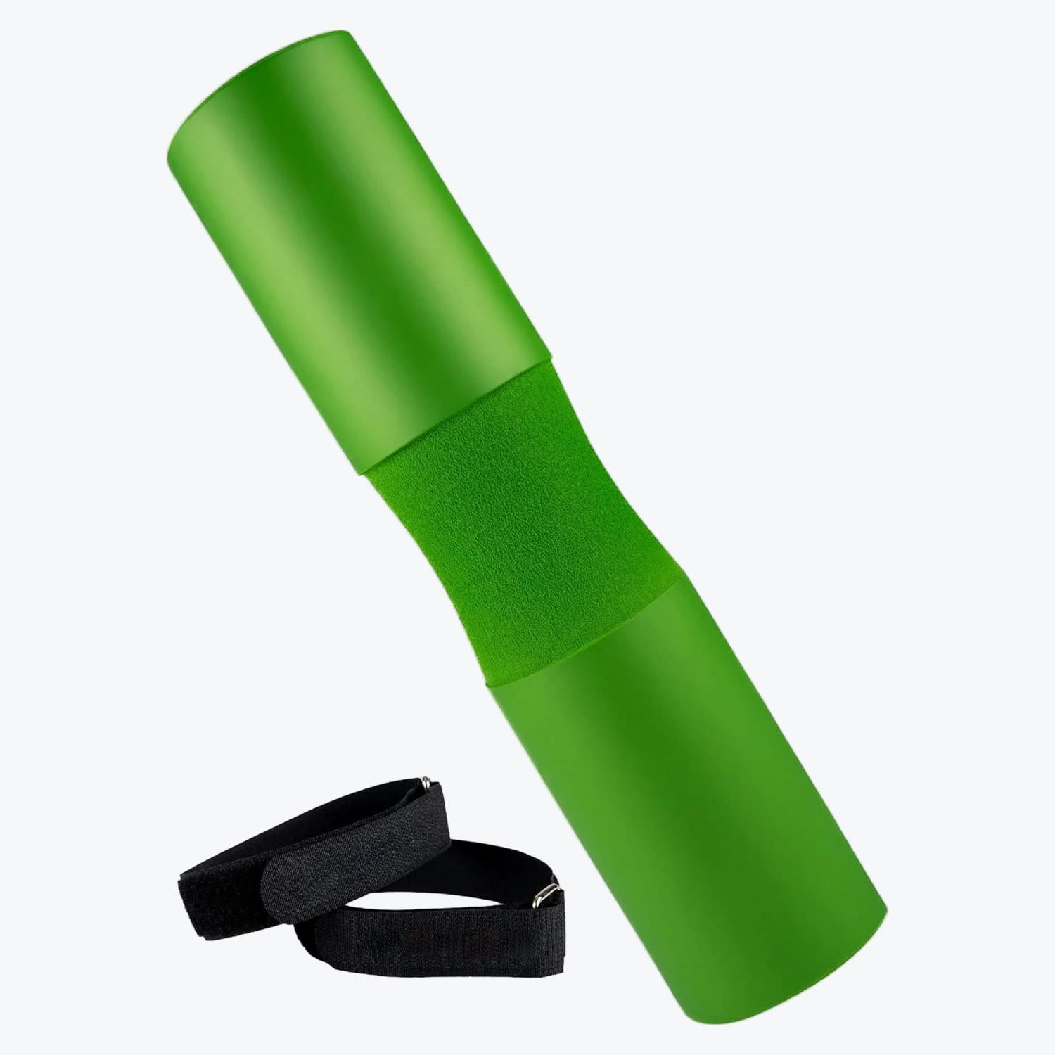 A bright green foam barbell pad with a contoured middle section, shown alongside two black velcro safety straps on a white background.