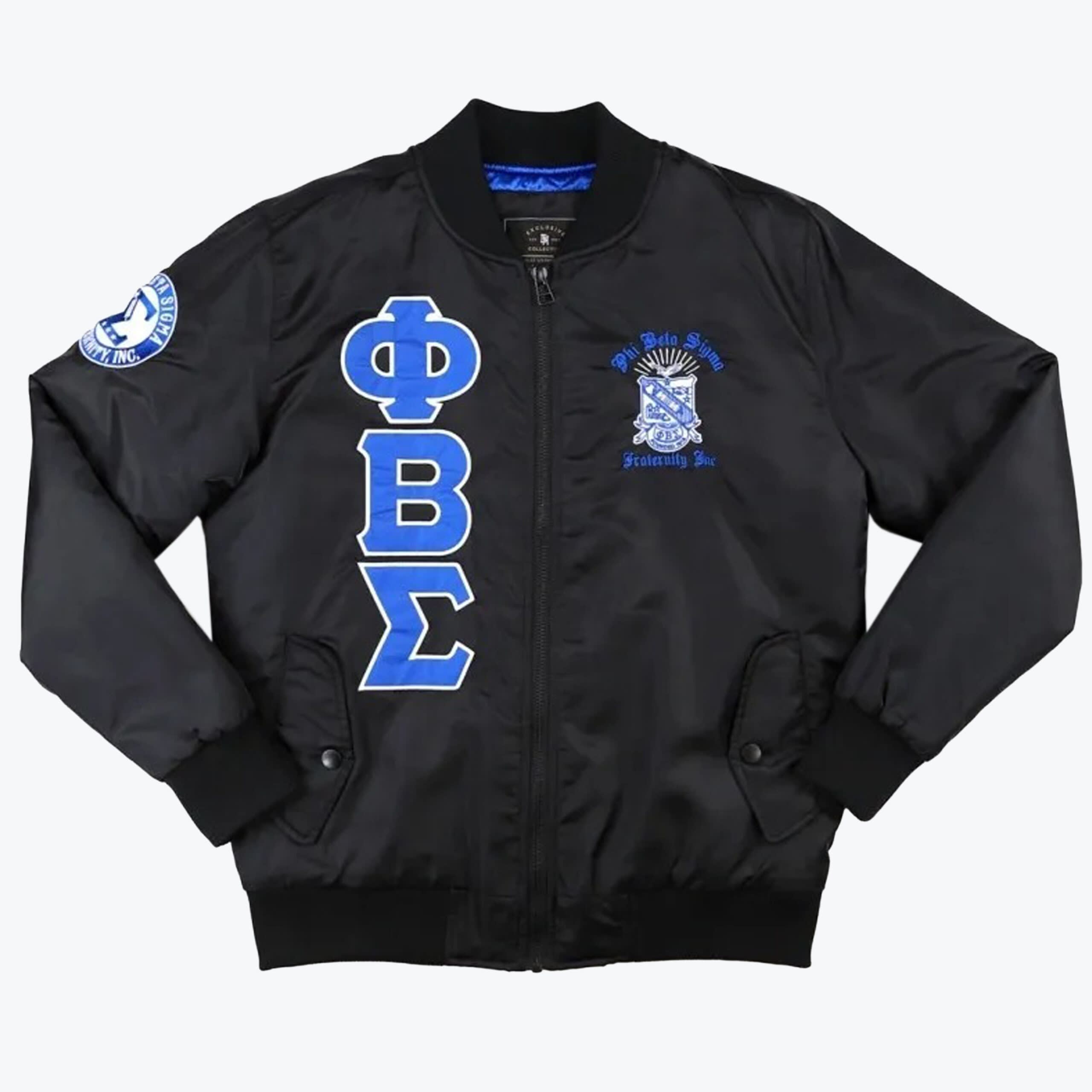 Phi Beta Sigma Black Bomber Jacket A black bomber jacket with blue and white Phi Beta Sigma Greek letters on the right chest and the fraternity crest on the left chest.