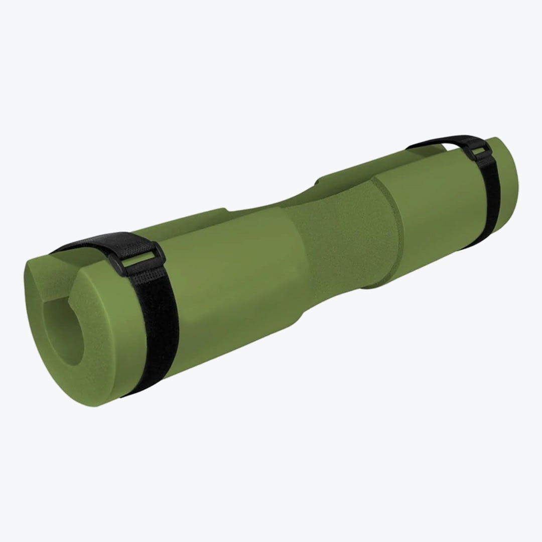 An olive green foam barbell pad with black velcro straps on a white background.