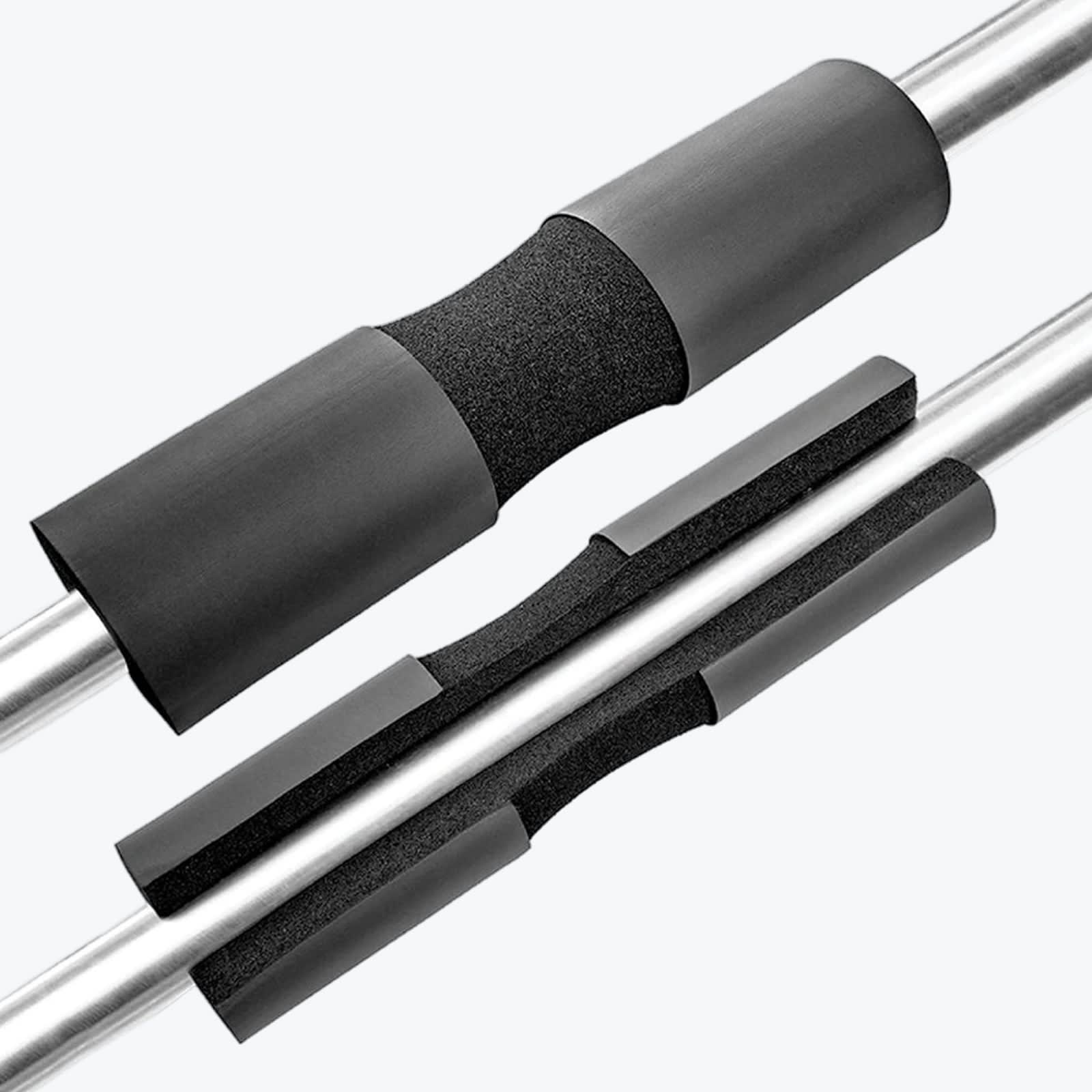 A black foam barbell squat pad shown in closed and open positions on a silver barbell against a white background.