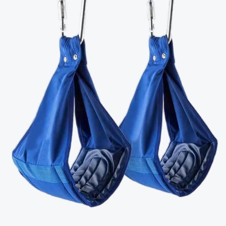 Blue Hanging Ab Straps A pair of blue hanging abdominal straps with metal carabiners on a white background.