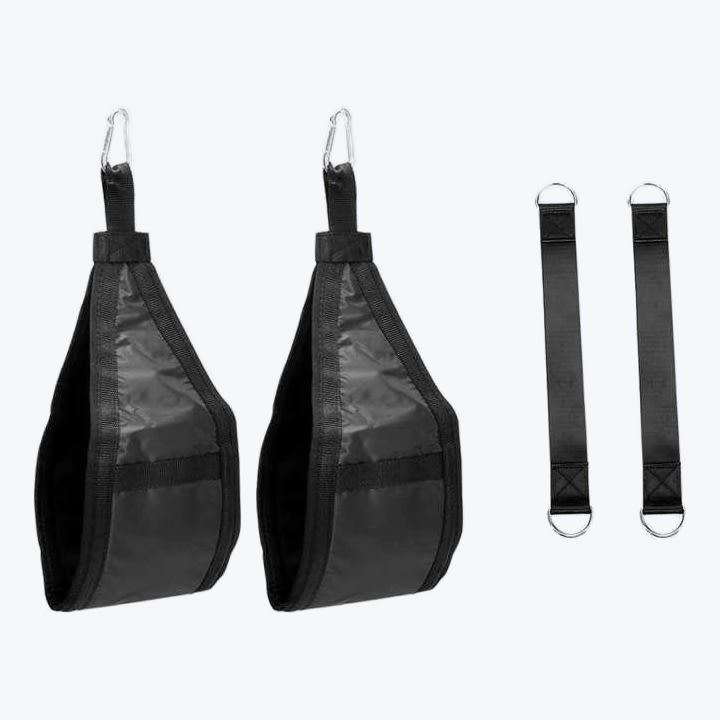Hanging Ab Straps with Extension Straps A pair of black hanging ab straps with carabiners next to two extension straps on a white background.