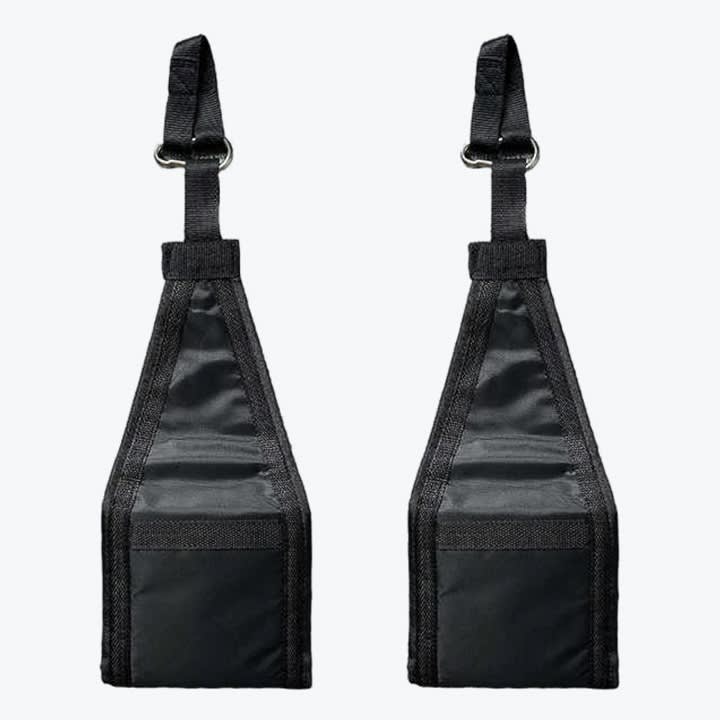 Two black hanging ab straps with padded arm slings and metal attachment rings, isolated on a white background.