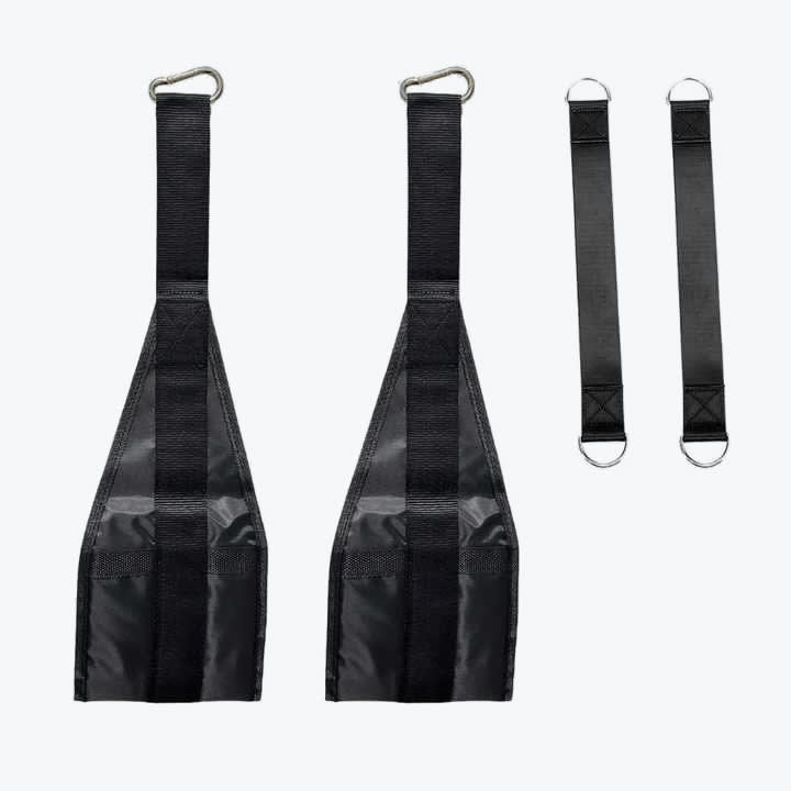 A pair of black hanging ab straps with carabiners and two extension straps with D-rings on a white background.