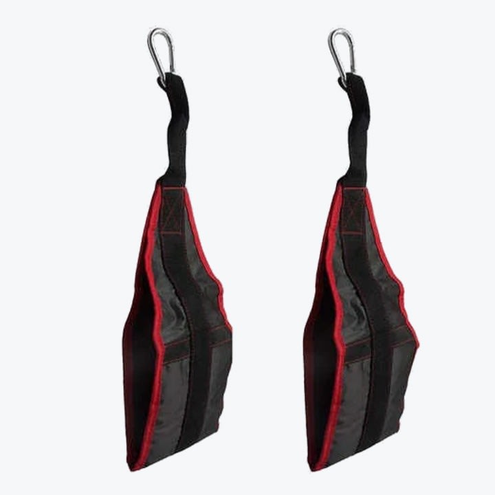 A pair of black and red padded hanging ab straps with metal carabiners on a plain white background.
