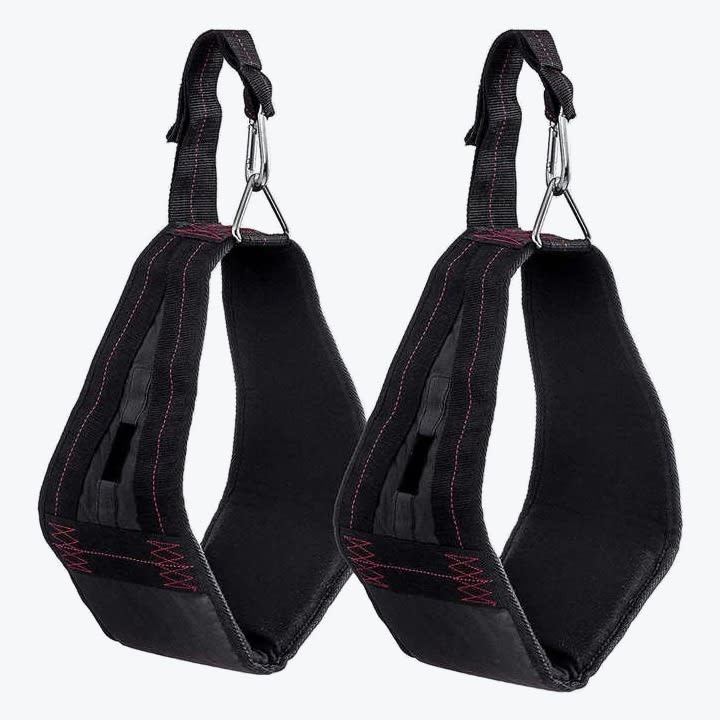 Hanging Ab Straps for Pull-Up Bar A pair of black padded hanging ab straps with red stitching and metal carabiners, isolated on a white background.