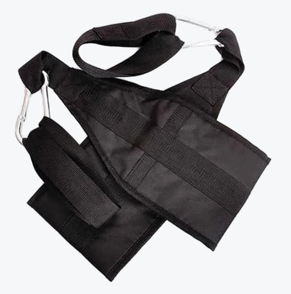 A pair of black hanging ab straps with metal carabiners on a white background.