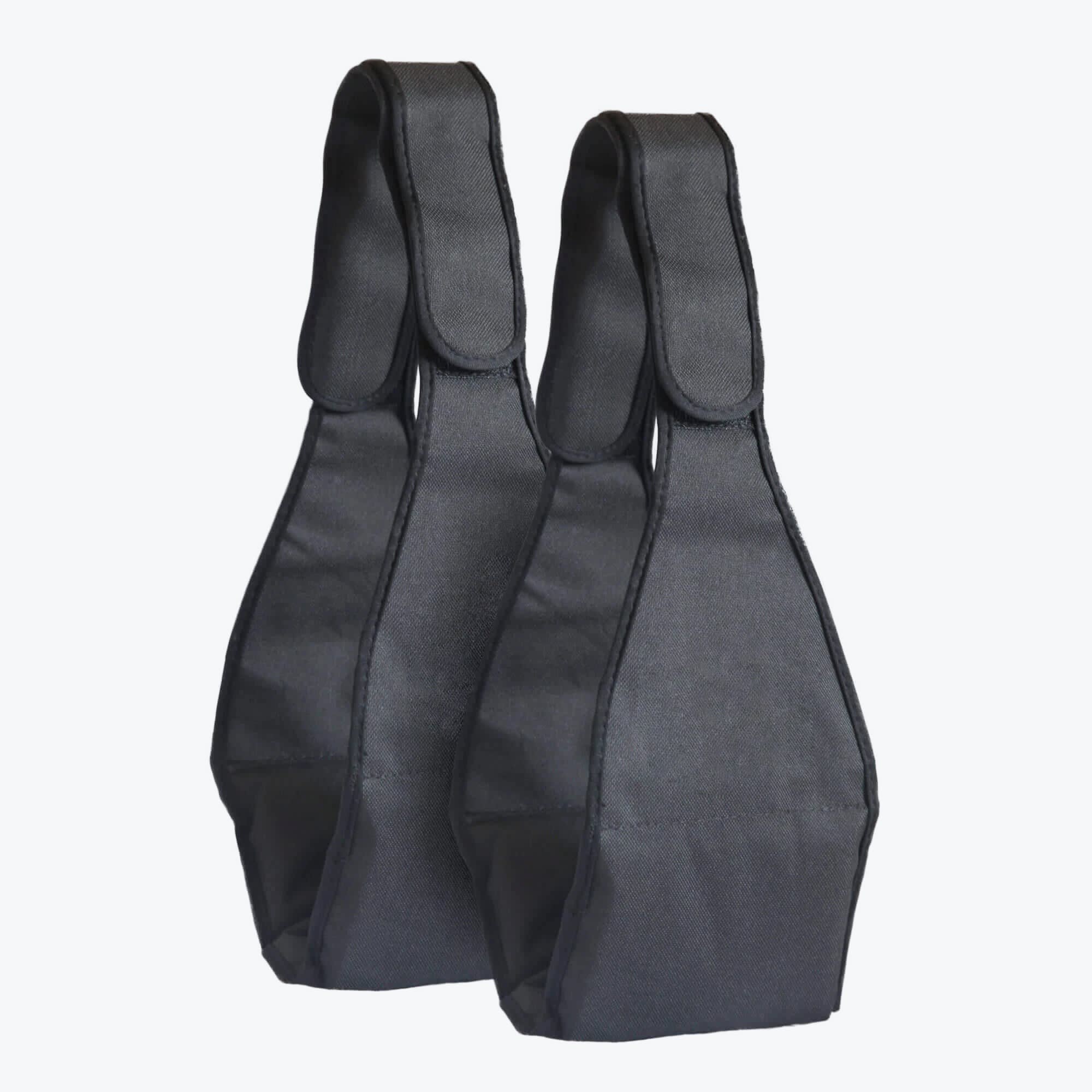 Black Padded Ab Hanging Straps A pair of black padded ab hanging straps with wide arm supports and velcro loop attachments, isolated on a white background.
