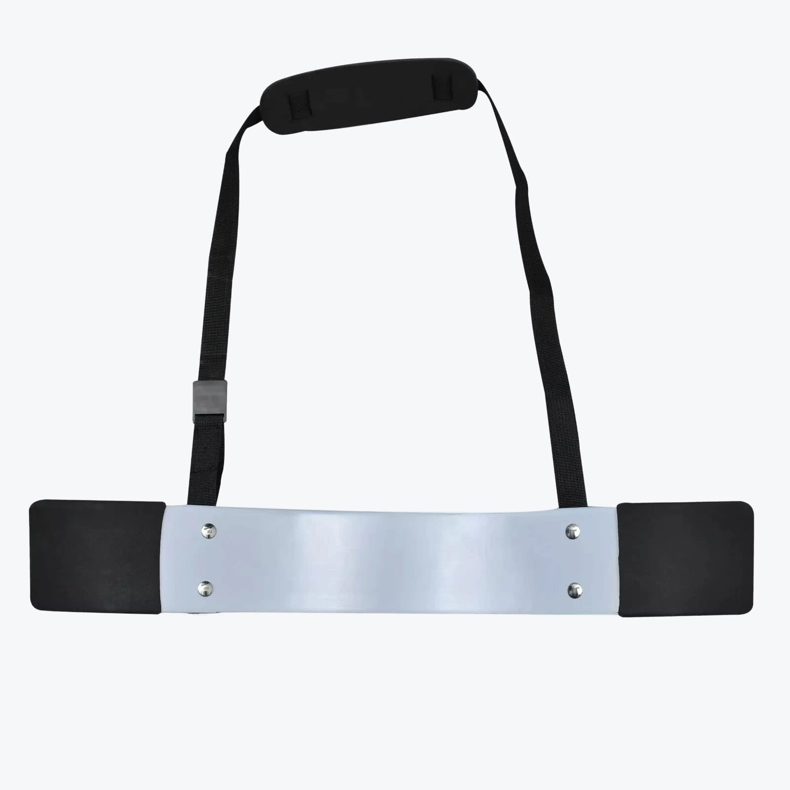 Bicep Arm Blaster A light gray bicep arm blaster with black padded elbow rests and an adjustable black neck strap, isolated on a white background.