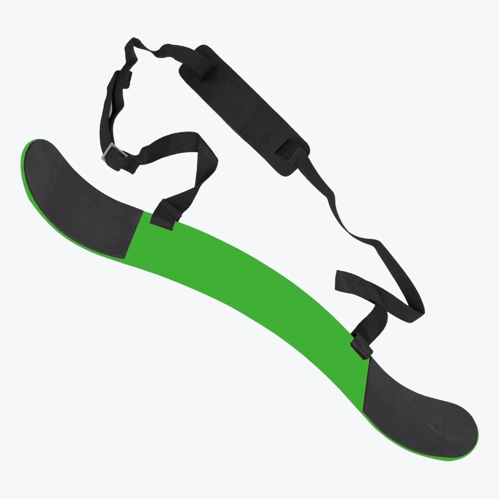 A green and black arm blaster with an adjustable neck strap, isolated on a white background.