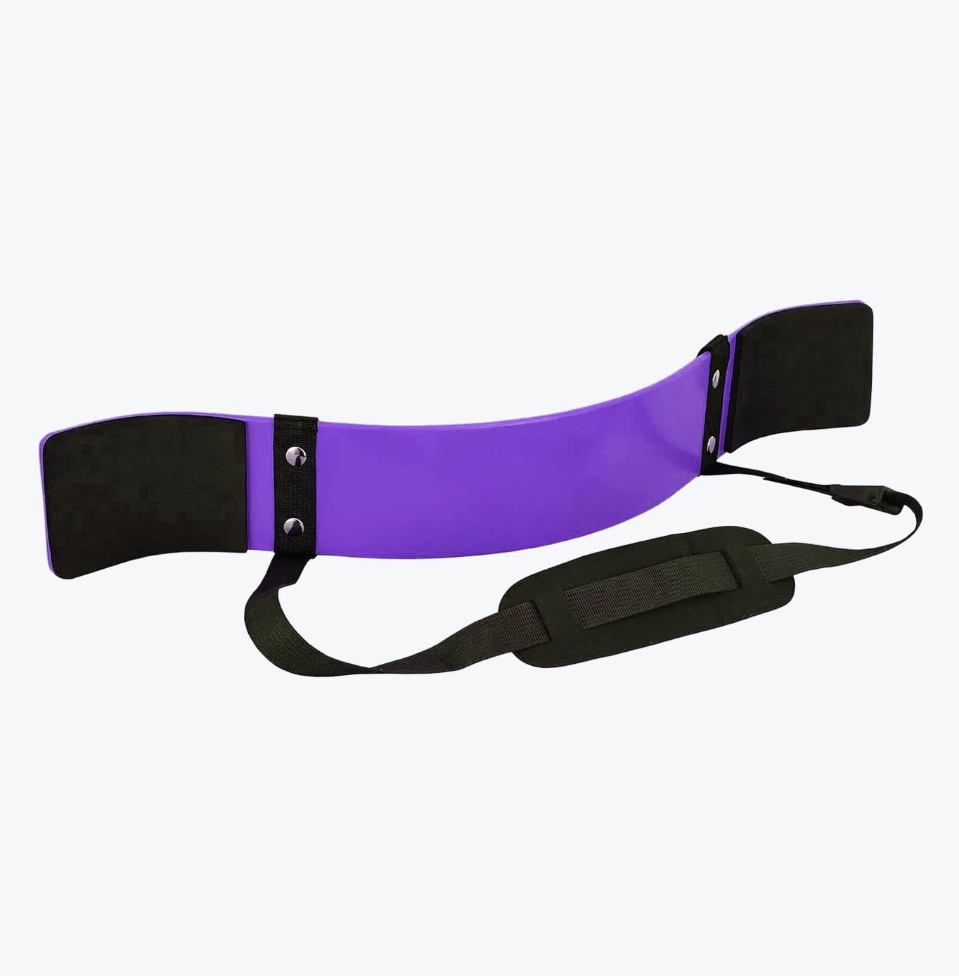 A purple metal bicep arm blaster with black padded elbow rests and an adjustable black neck strap, shown against a plain white background.