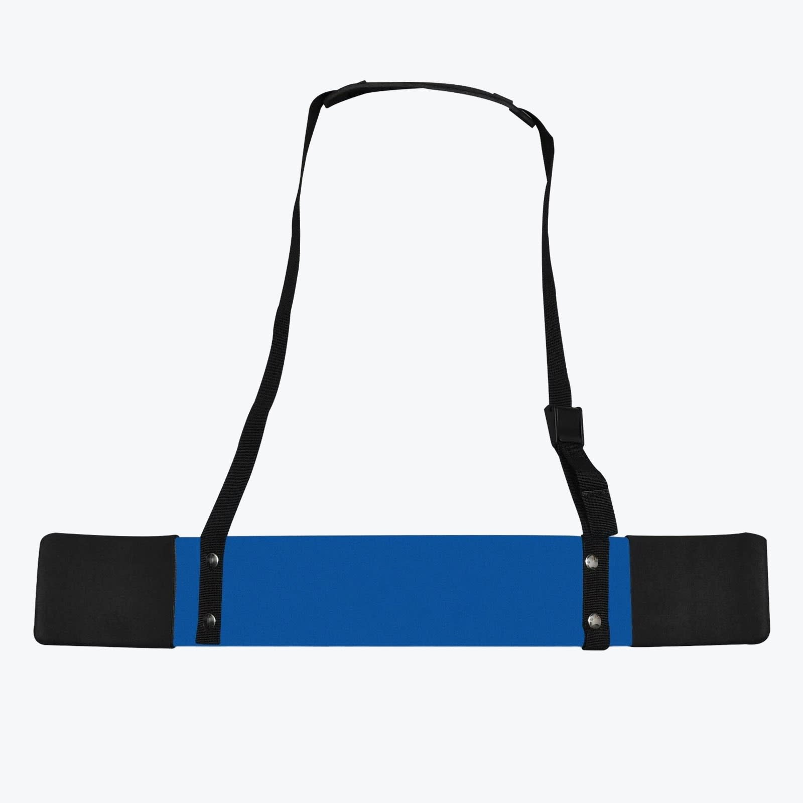 Blue Arm Blaster for Bicep Workouts A blue metal arm blaster with black padded elbow rests and an adjustable black neck strap, isolated on a white background.
