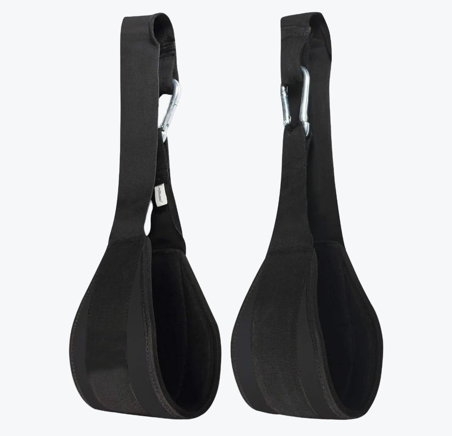 Hanging Ab Straps for Pull-Up Bar A pair of black hanging ab straps with padded cradles and silver metal carabiners, set against a plain white background.