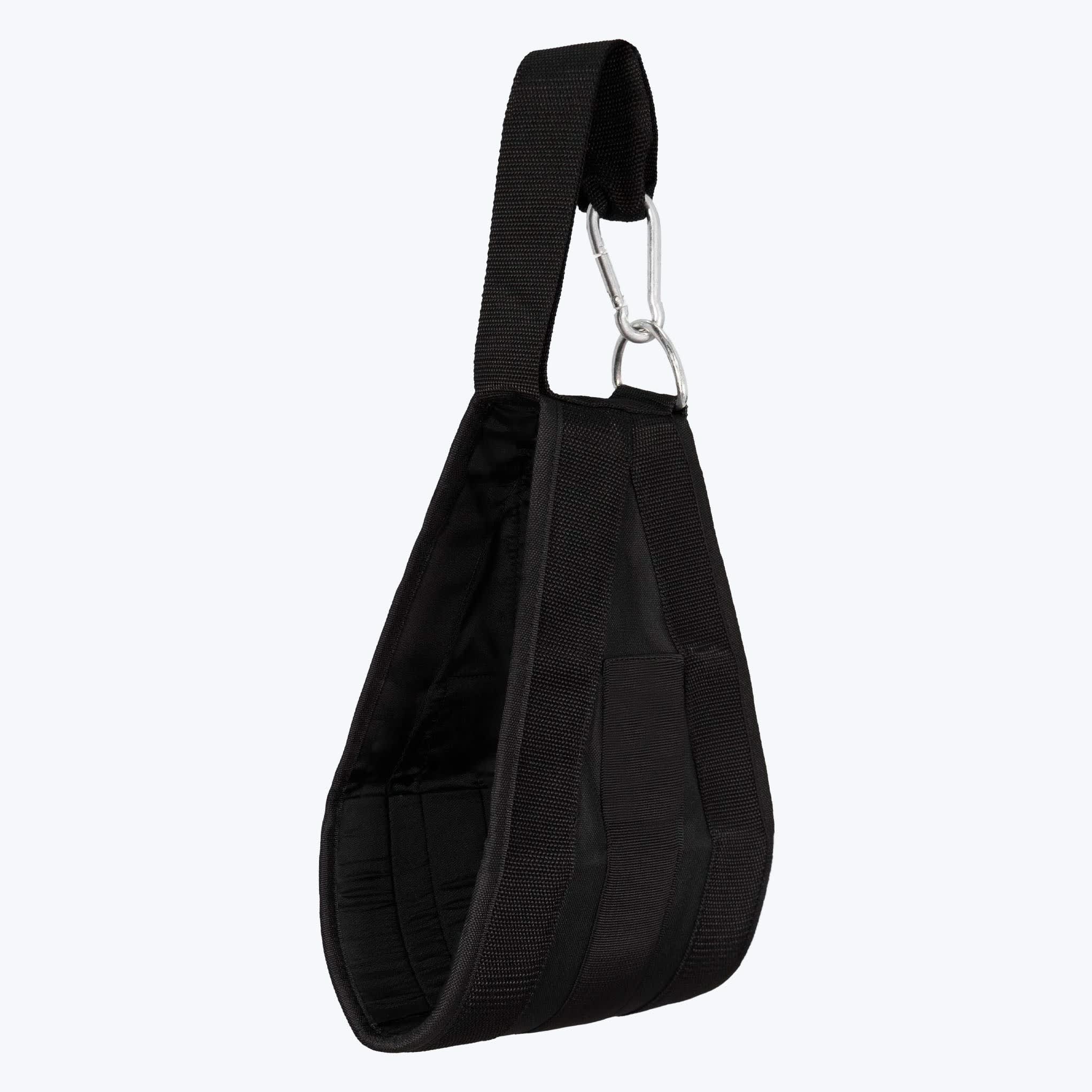 A black padded hanging ab strap with a steel carabiner clip, shown against a plain white background.