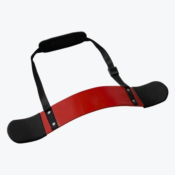 Red Arm Blaster for Bicep Curls A red arm blaster fitness accessory with black padded elbow supports and an adjustable neck strap, isolated on a white background.