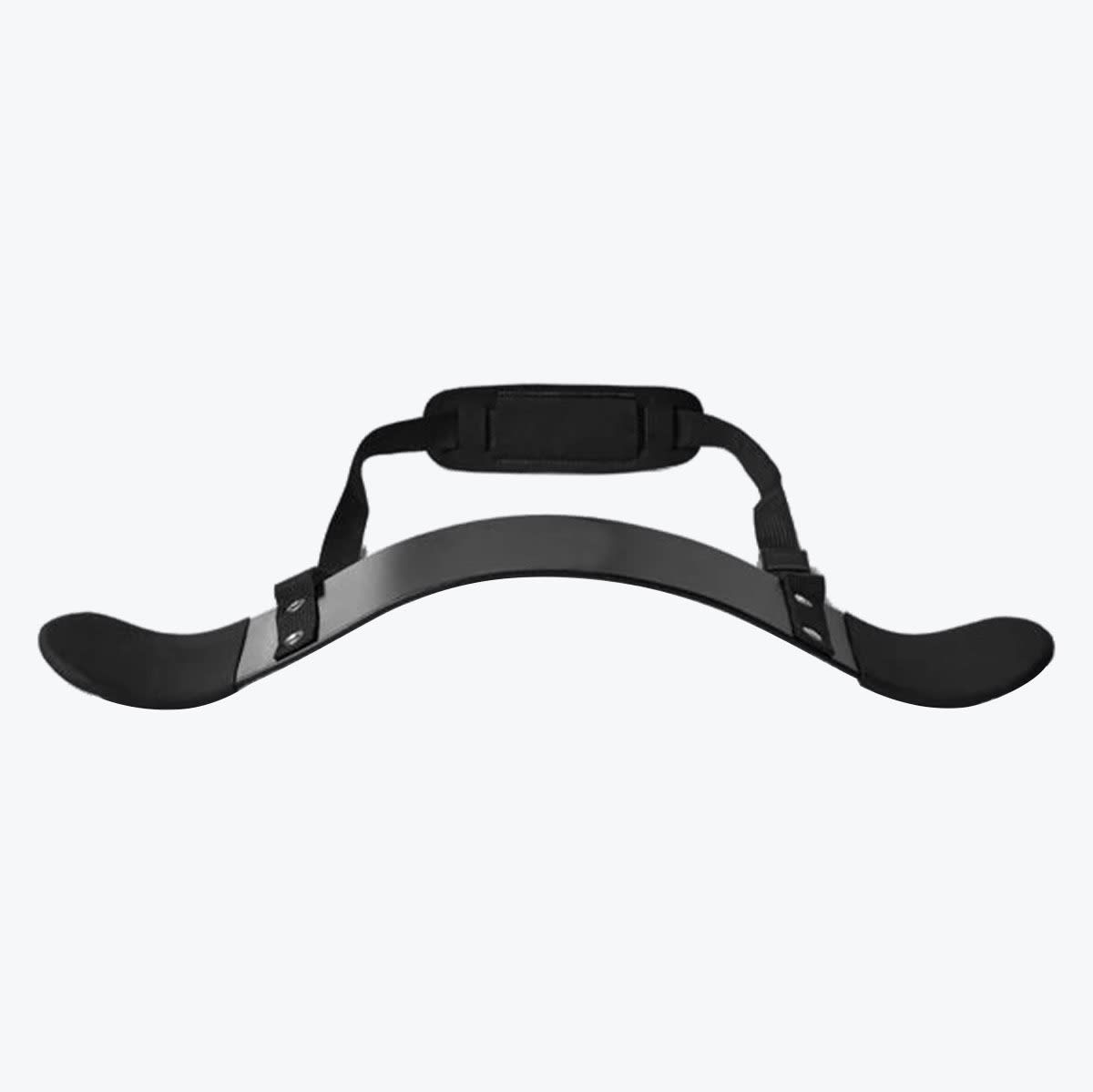 A black bicep arm blaster with a curved metal plate, padded elbow rests, and an adjustable neck strap, isolated on a white background.