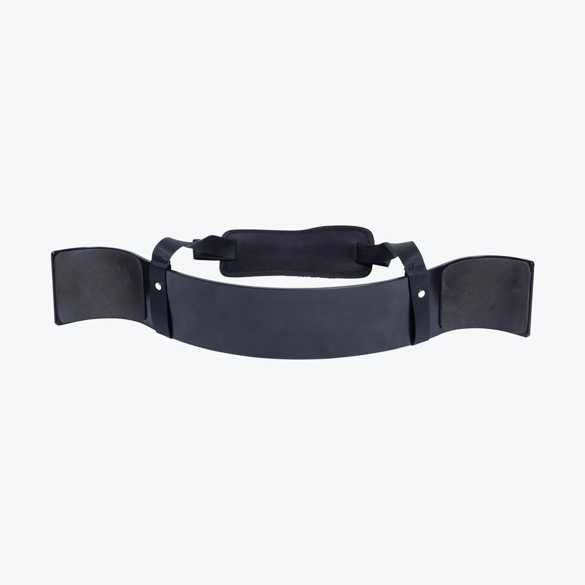 A black metal arm blaster with a curved chest plate and an adjustable neck strap, isolated on a white background.