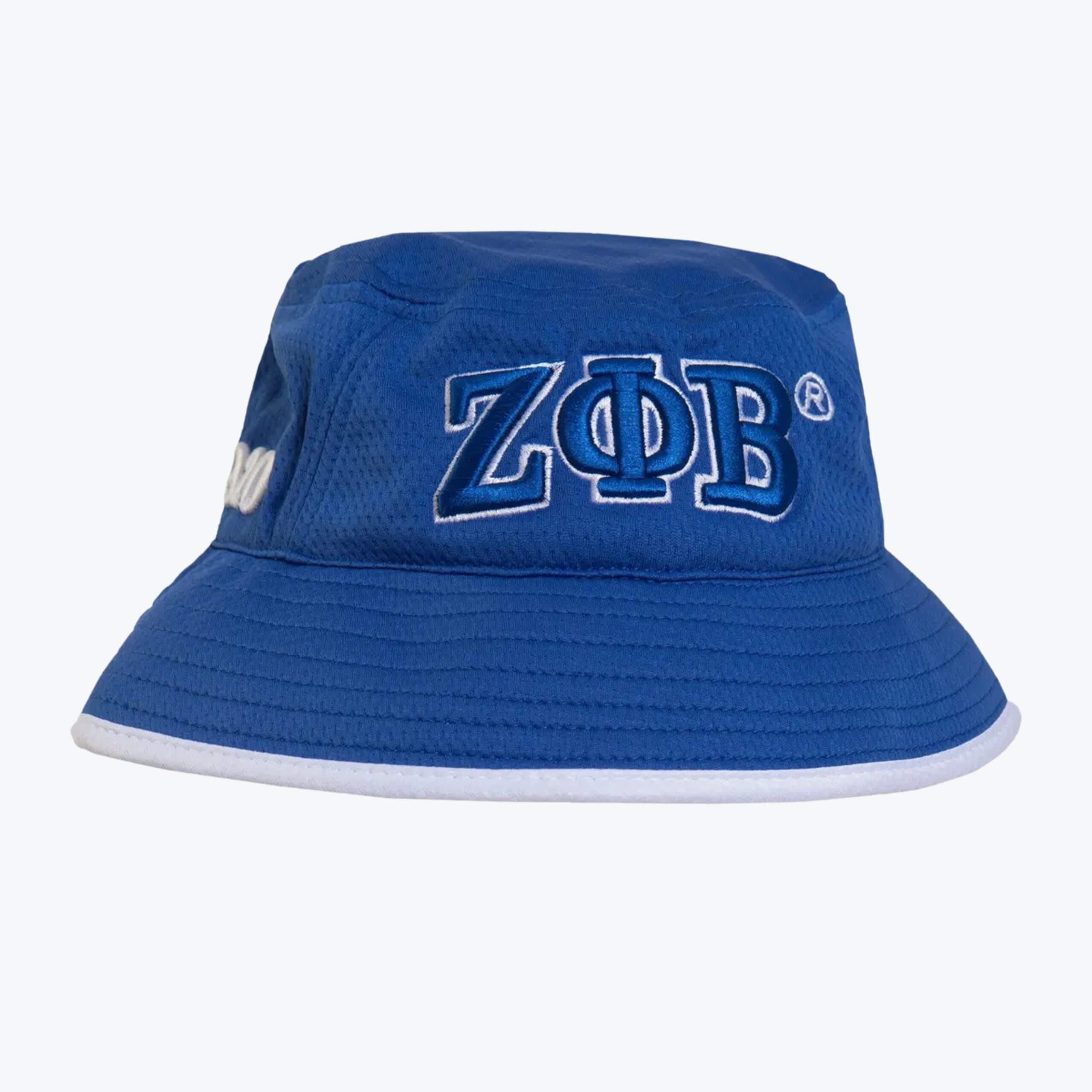 Blue Zeta Phi Beta Bucket Hat A royal blue bucket hat with the Greek letters ZΦB embroidered on the front in blue and white, featuring a white brim trim.