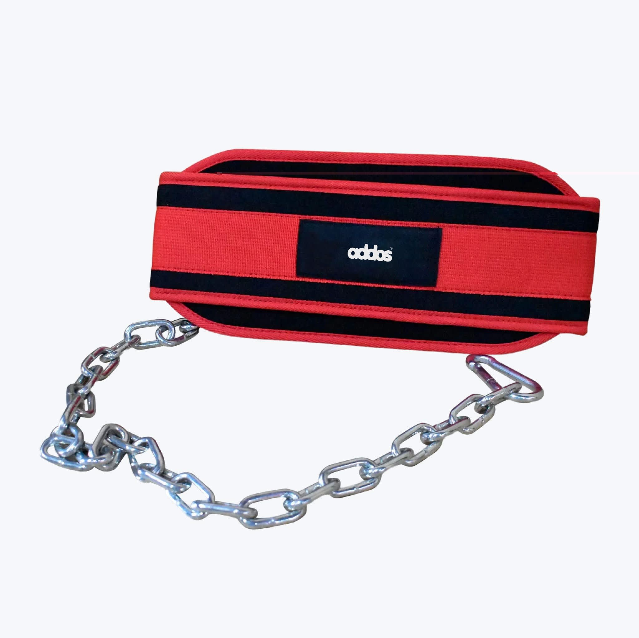 Addos Red and Black Weightlifting Dip Belt with Chain A red and black Addos dip belt with a silver steel chain attached, isolated on a white background.