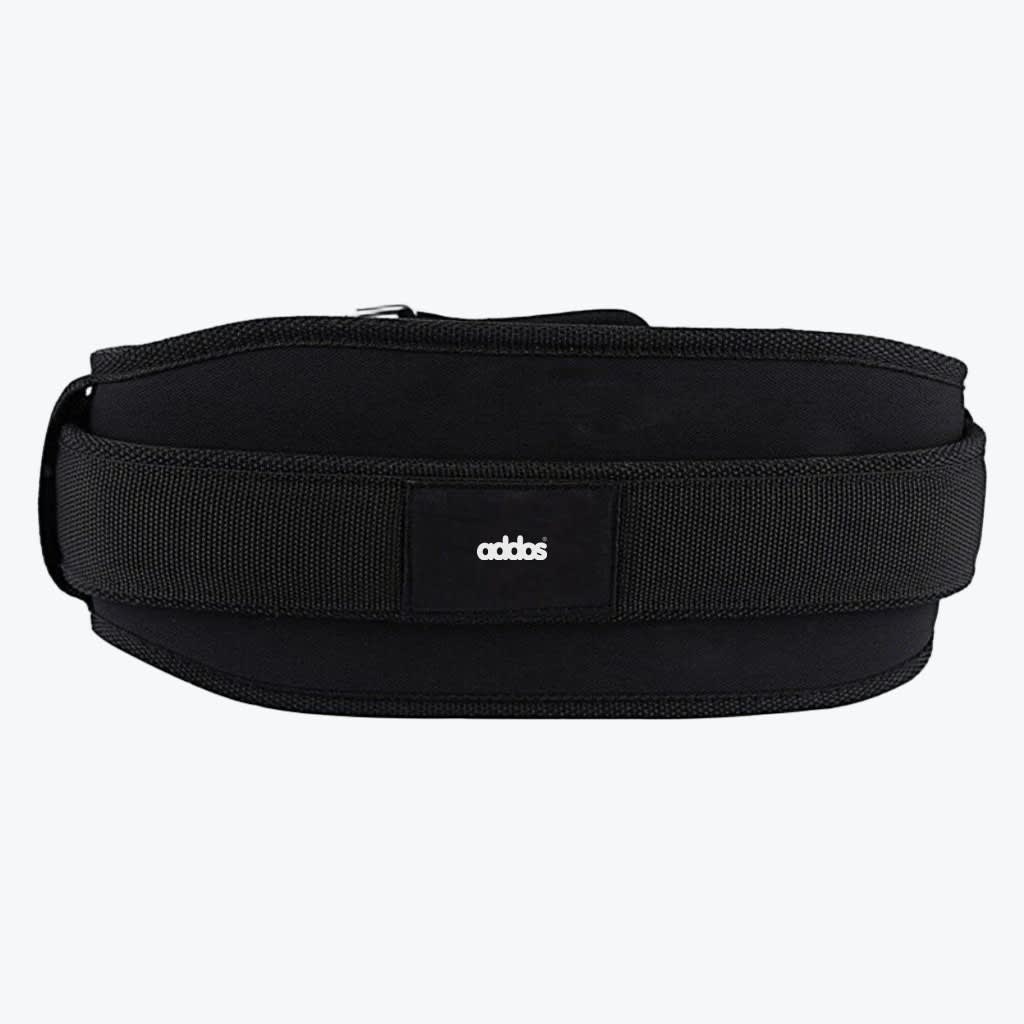 Addos Black Weightlifting Belt A black Addos weightlifting belt shown against a plain white background, featuring a wide padded back support and a central brand logo.
