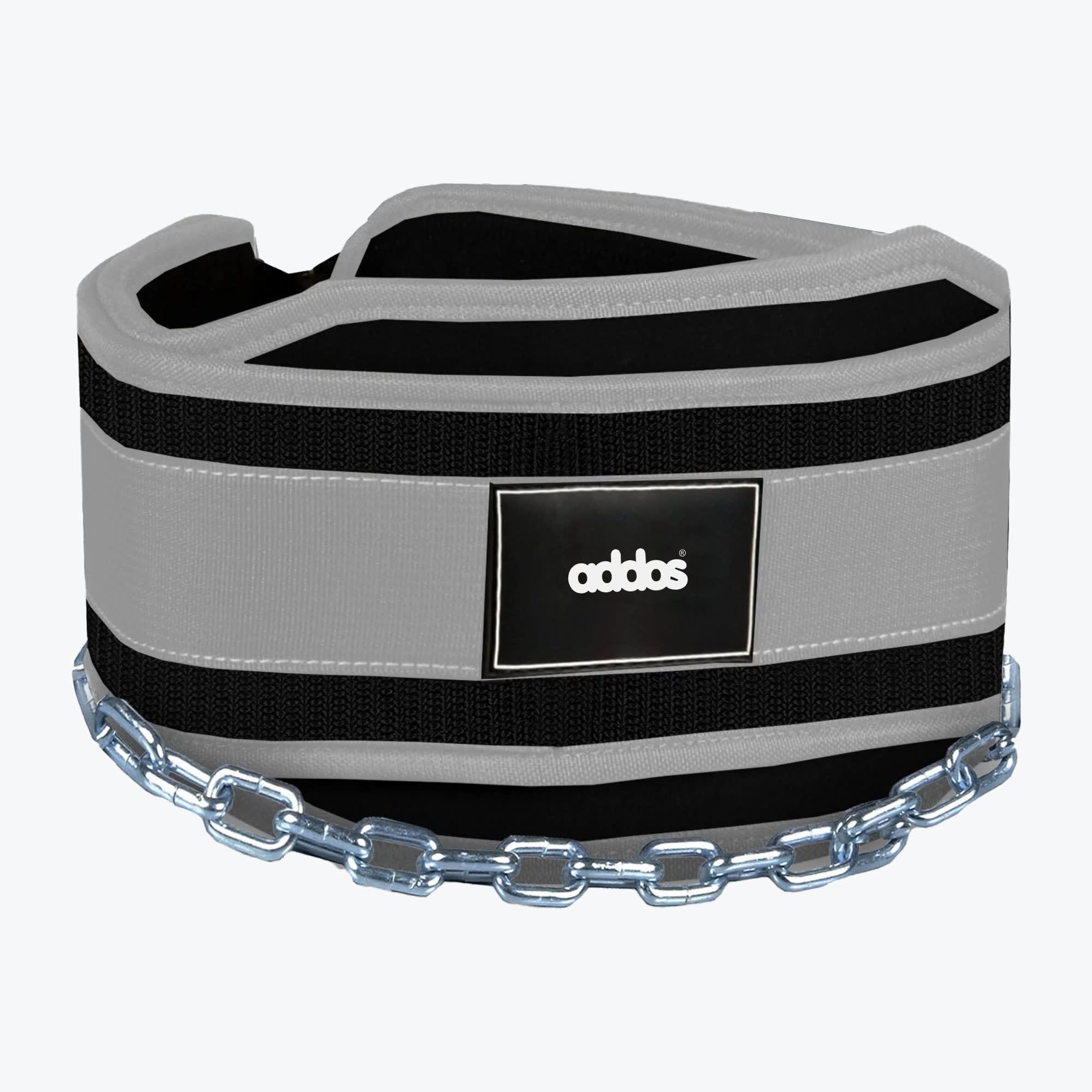Addos Weightlifting Dip Belt with Chain A black and grey Addos dip belt with a heavy-duty steel chain, isolated on a white background.