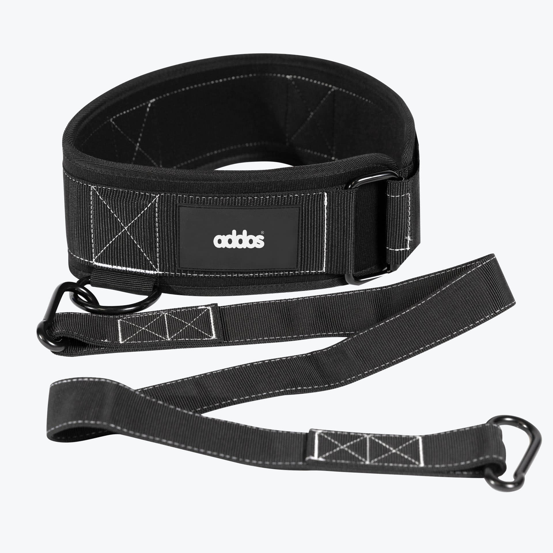 Addos Dip Belt with Strap A black Addos dip belt with a thick padded back support and a long black nylon strap with carabiners, set against a plain white background.