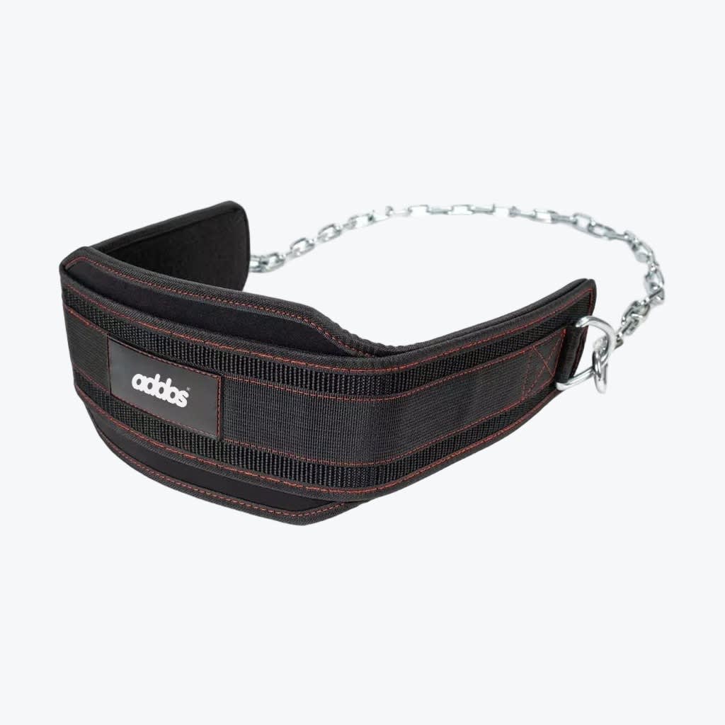 A black Addos weightlifting dip belt with red stitching and an attached steel chain on a white background.