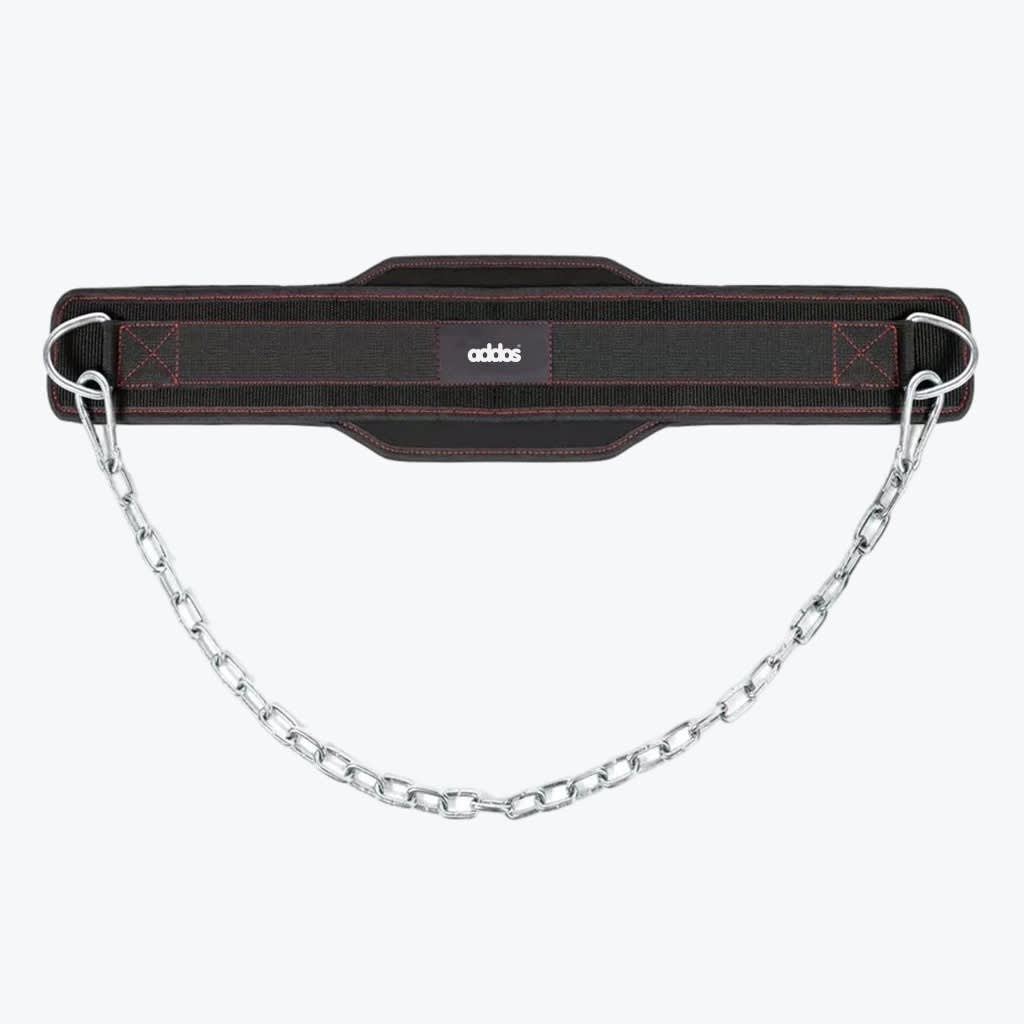 A black Addos weightlifting dip belt with red stitching and a silver metal chain hanging below it against a white background.