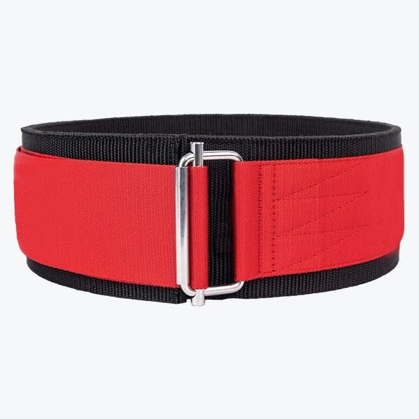 Red and Black Weightlifting Belt A red and black nylon weightlifting belt with a silver metal buckle, isolated on a white background.