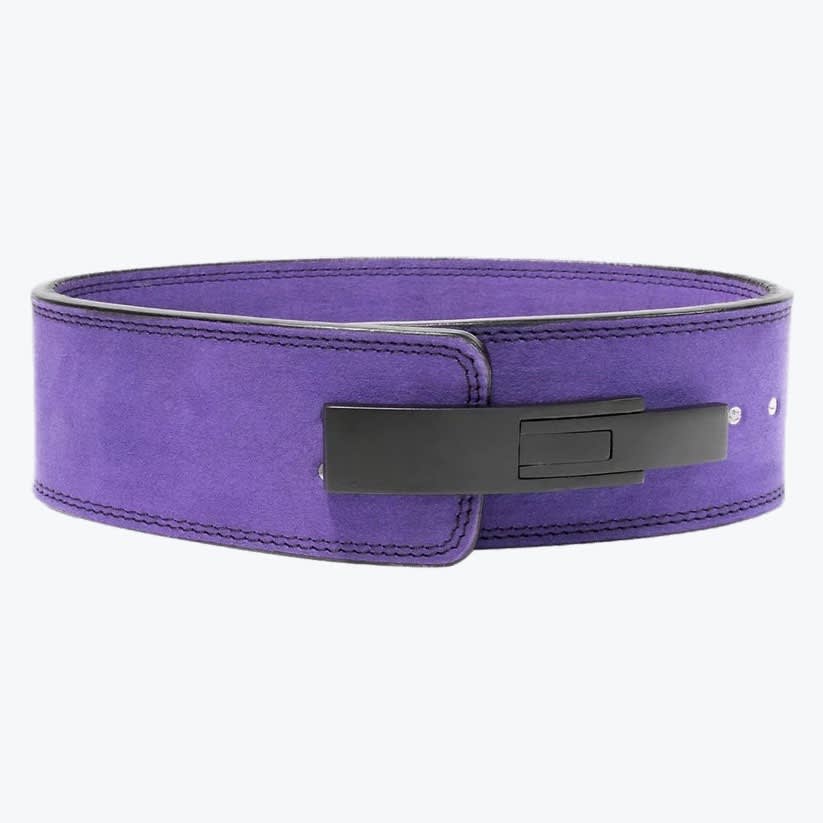 Purple Lever Weightlifting Belt A purple suede weightlifting belt with a black lever buckle, photographed on a plain white background.