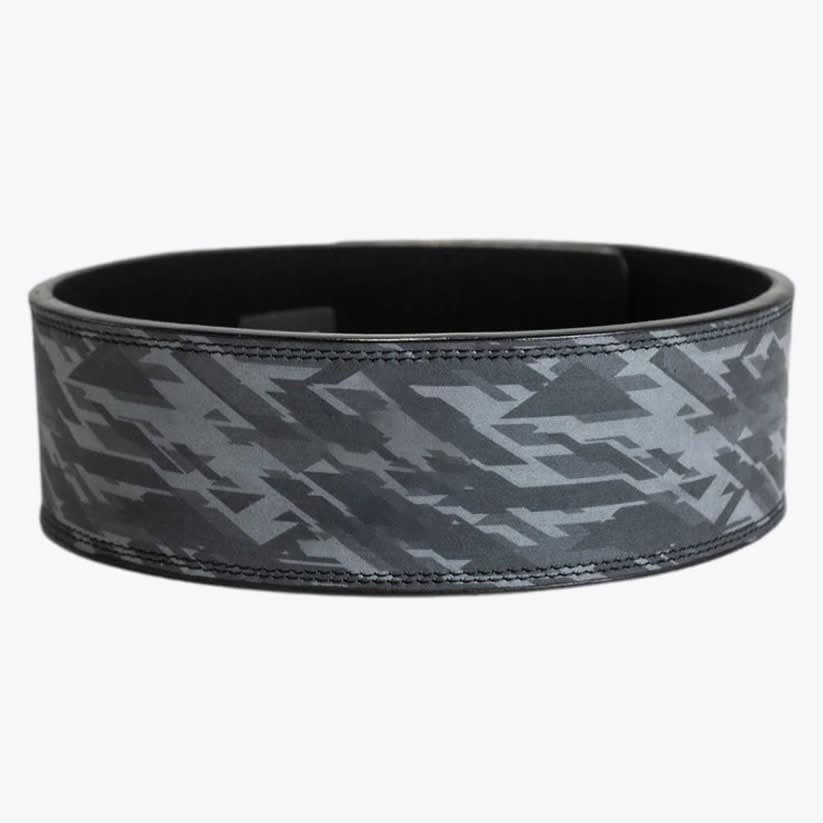 Geometric Camouflage Weightlifting Belt A circular weightlifting belt with a dark grey geometric camo pattern and stitched edges on a white background.