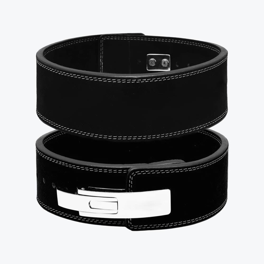 Black Leather Lever Weightlifting Belt Two black suede weightlifting belts with white stitching, one showing the interior metal plate and the other showing the silver lever buckle closure.