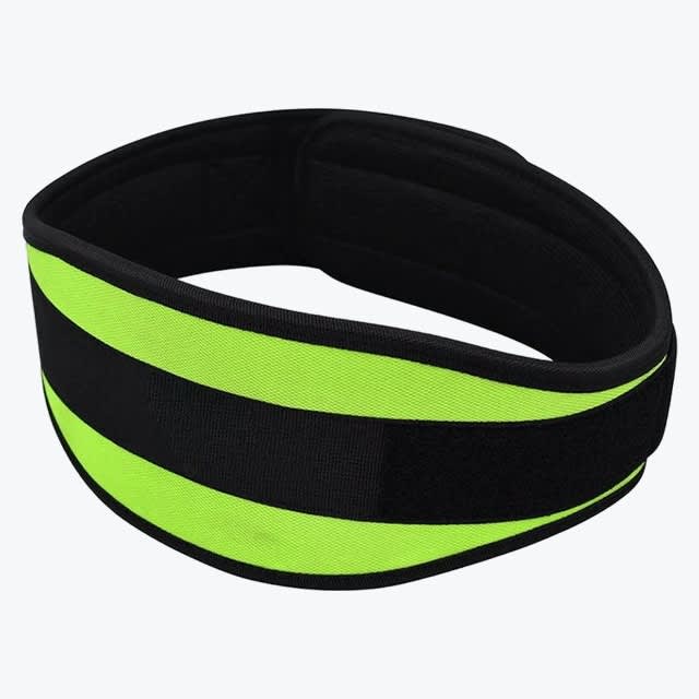 Neon Green and Black Weightlifting Belt A neon green weightlifting belt with a central black velcro strap, shown on a white background.