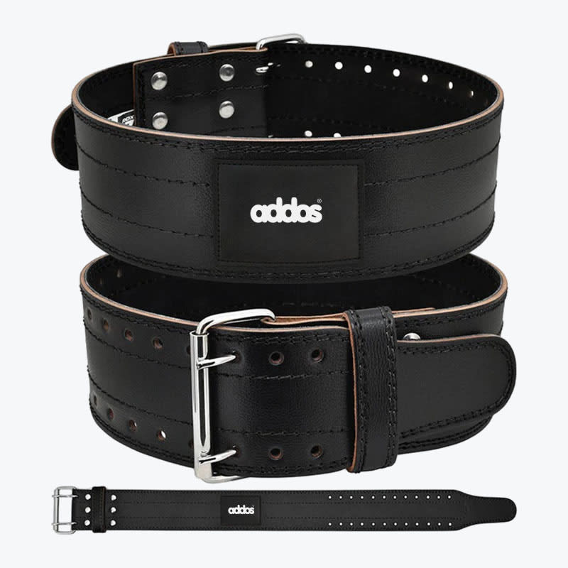 Addos Black Leather Weightlifting Belt Three views of a black leather weightlifting belt with a double-prong buckle and the addos logo on a white background.