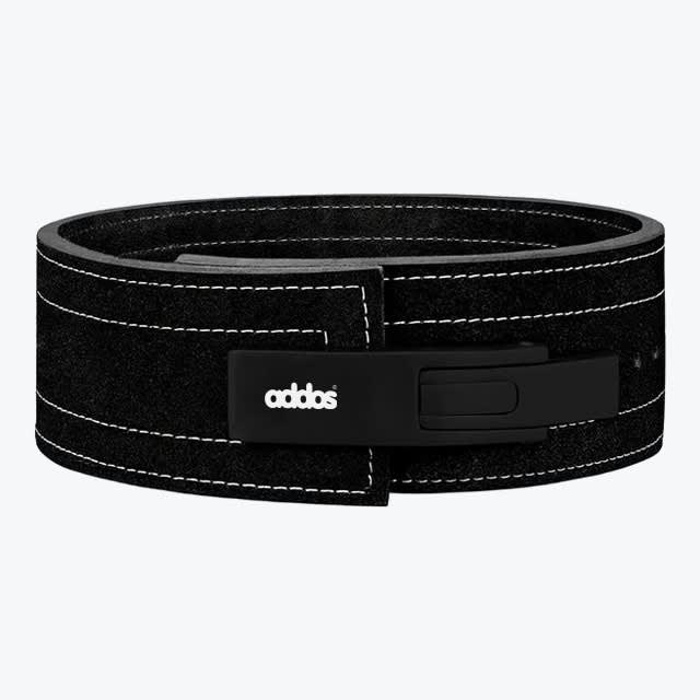 Addos Black Suede Weightlifting Lever Belt A black suede weightlifting belt with white stitching and a black lever buckle featuring the white addos logo, shown on a white background.