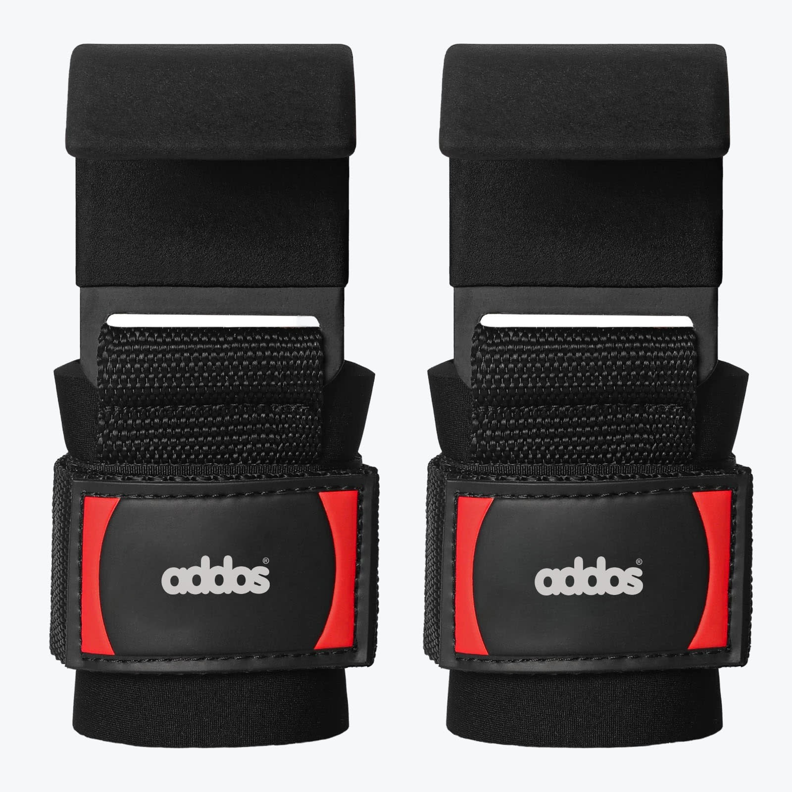 Addos Weightlifting Hooks with Wrist Support A pair of black weightlifting hooks with padded wrist wraps by Addos, featuring red accents and a white logo, set against a white background.