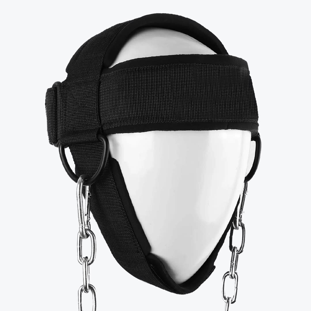 Black Neck Harness for Weight Training A black neck training harness with metal chains attached, fitted on a white mannequin head against a plain white background.