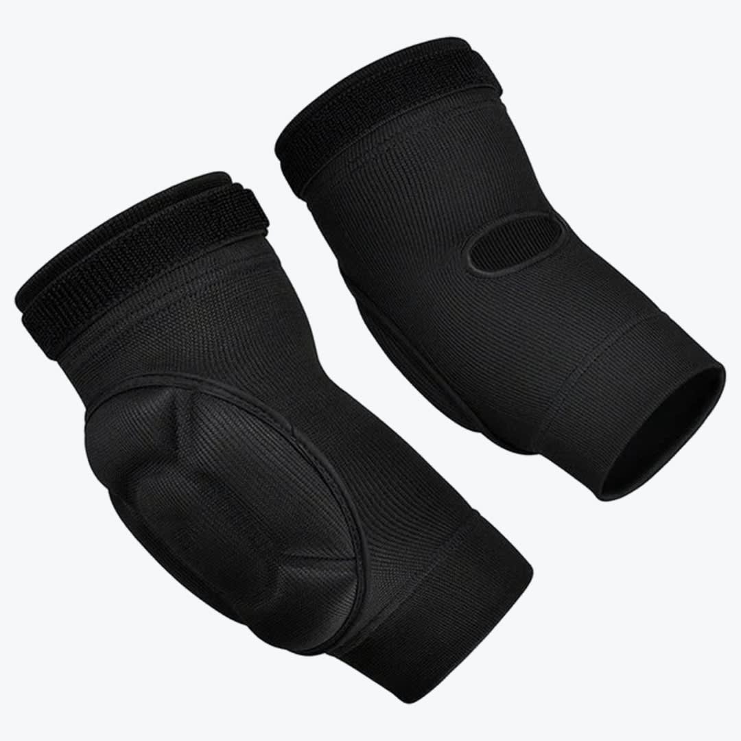 Black Protective Elbow Pads A pair of black protective elbow pads on a white background, showing both the padded front and the cutout back.
