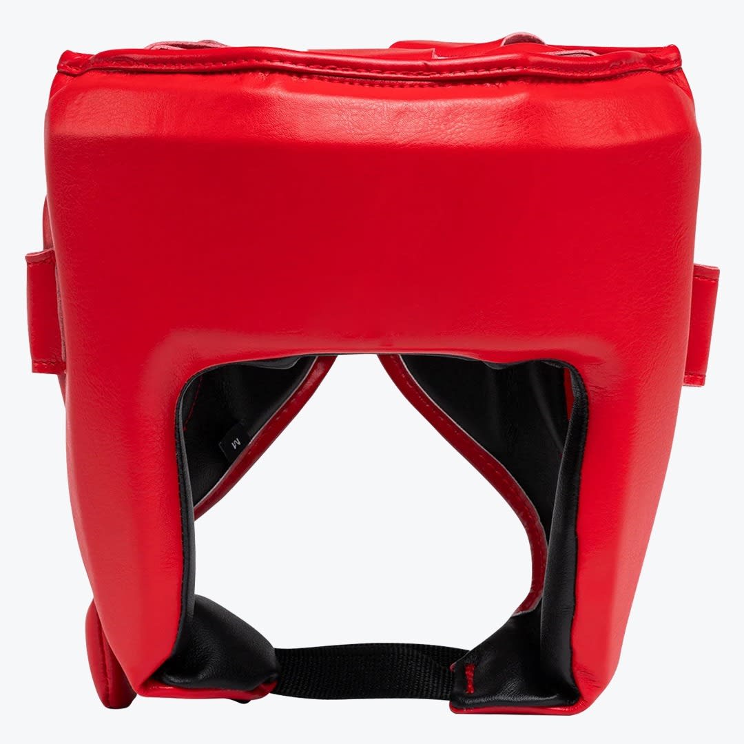 Red Boxing Headgear A bright red leather boxing headguard with cheek protectors and a black inner lining, shown from the front on a white background.