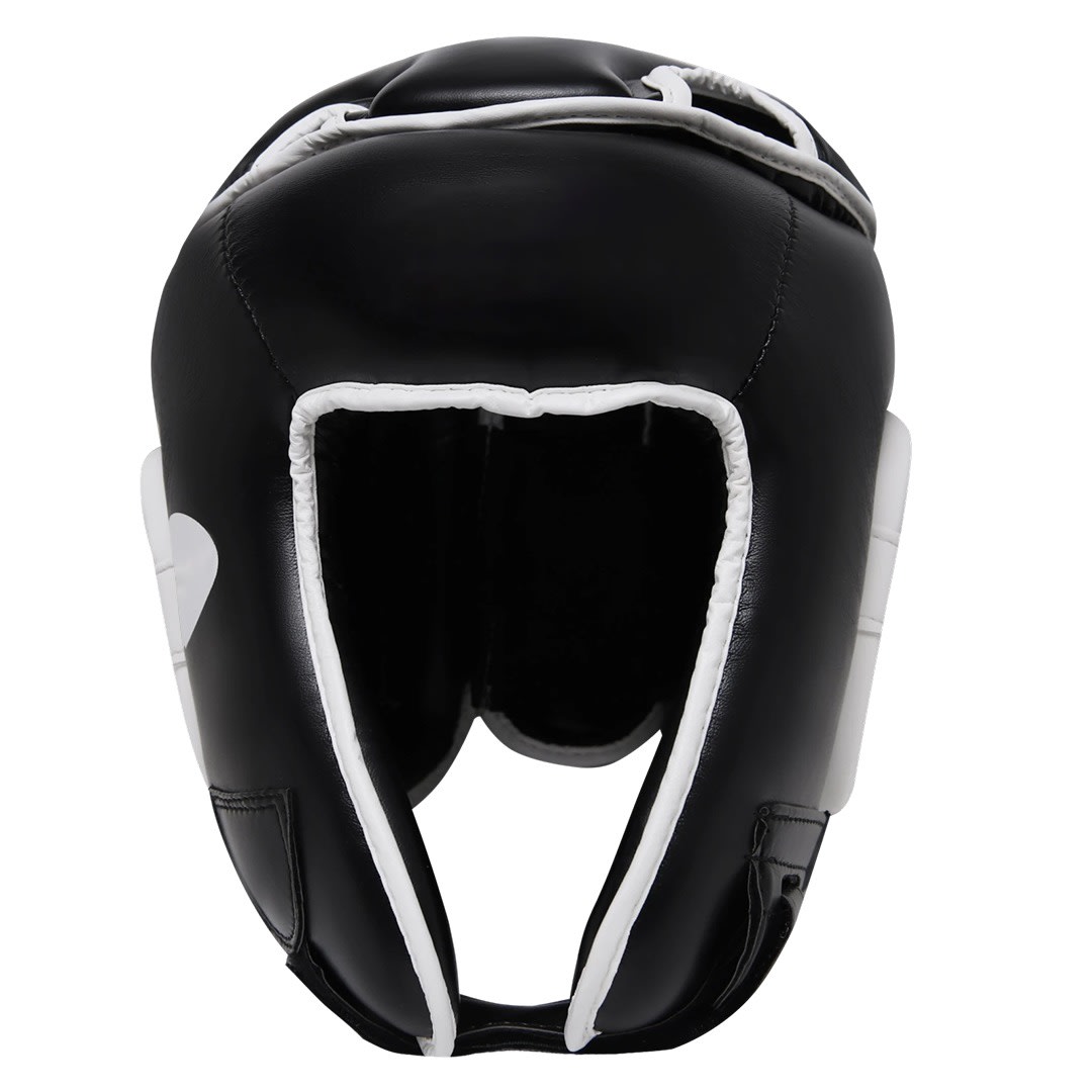 Black and White Boxing Headgear Front view of a black boxing headguard with white trim on a white background.