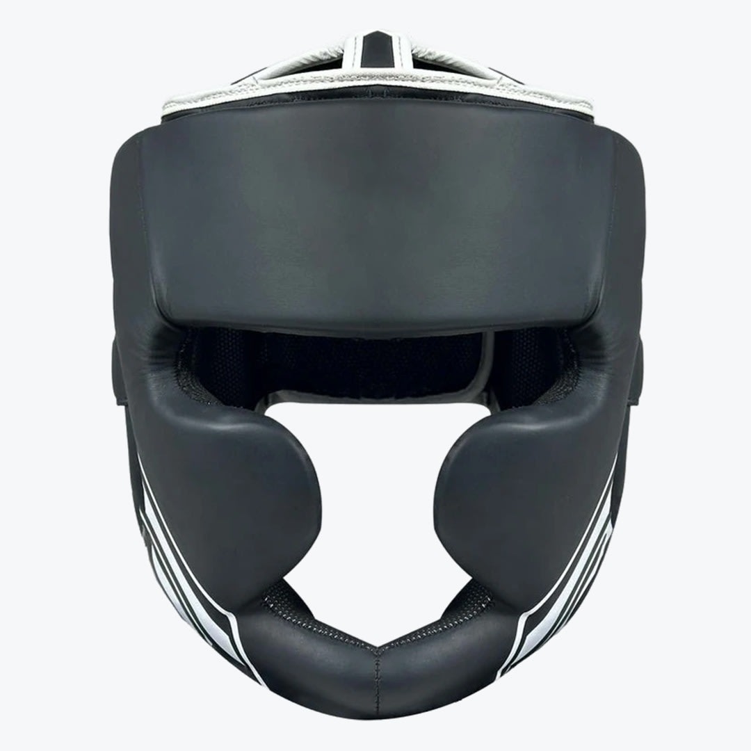 Black Boxing Headgear with Cheek and Chin Protection Front view of a black boxing headgear with cheek and chin protection, isolated on a white background.