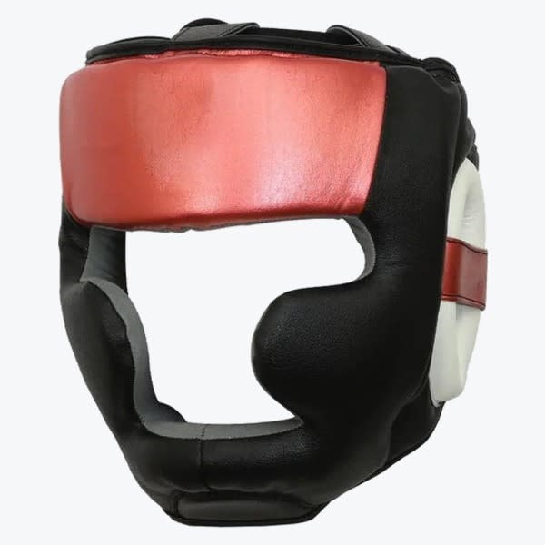 Black and Red Boxing Headgear A black and red padded boxing headgear with cheek and ear protection, isolated on a white background.