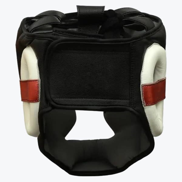 Rear view of a black boxing headguard with a large velcro strap, white ear padding with red stripes, and a black padded interior, isolated on a white background.
