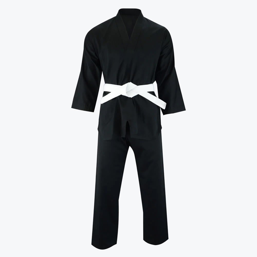 Black Martial Arts Uniform with White Belt A black martial arts gi with a tied white belt, displayed against a white background.