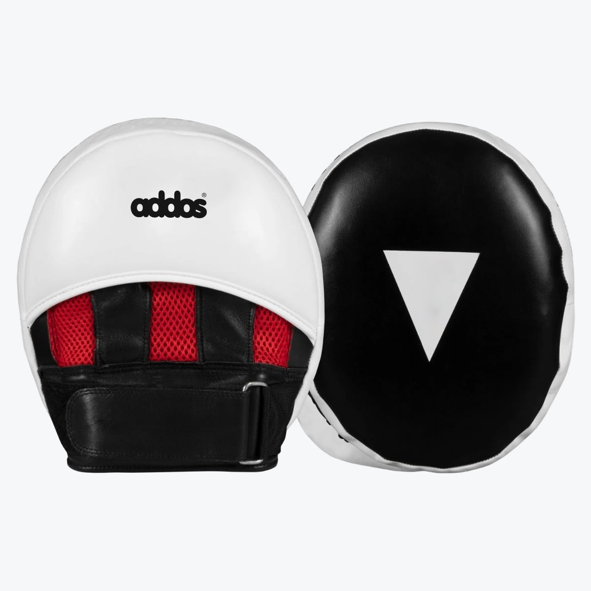 Addos Boxing Focus Mitts A pair of black and white Addos boxing focus mitts, showing the glove side with red mesh and the striking side with a white triangle target.